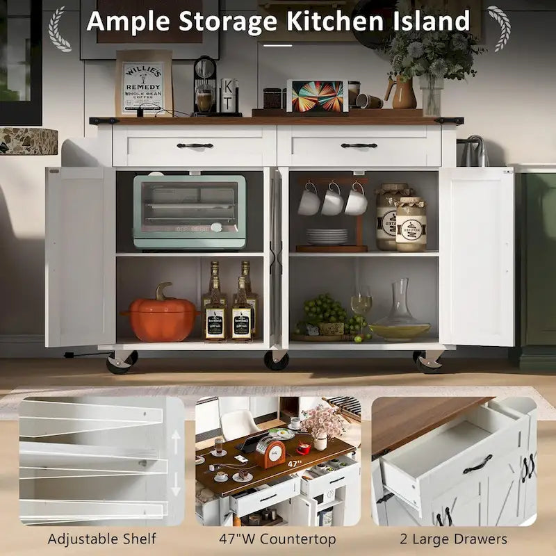 53.5-Inch Farmhouse Rolling Kitchen Island with Drop Leaf and Power Outlets