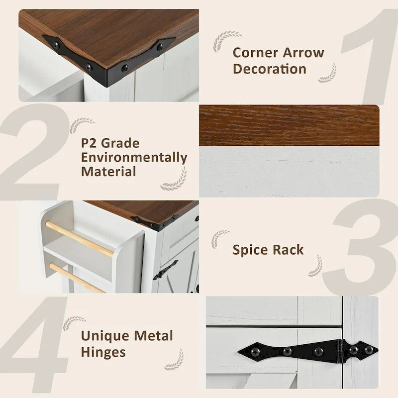 53.5-Inch Farmhouse Rolling Kitchen Island with Drop Leaf and Power Outlets