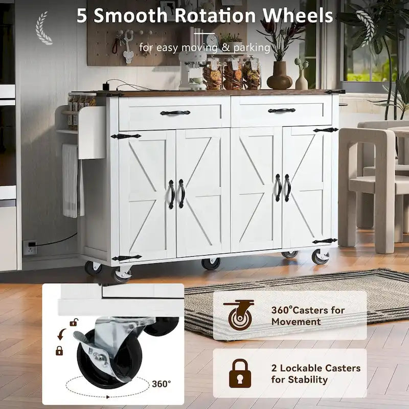 53.5-Inch Farmhouse Rolling Kitchen Island with Drop Leaf and Power Outlets