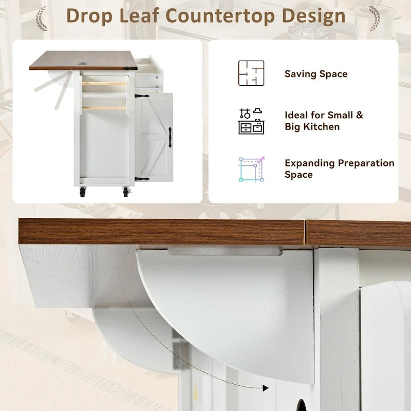 53.5-Inch Farmhouse Rolling Kitchen Island with Drop Leaf and Power Outlets