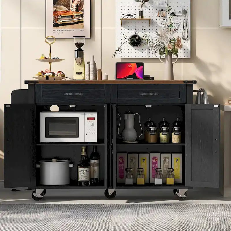 53.5-Inch Farmhouse Rolling Kitchen Island with Drop Leaf and Power Outlets