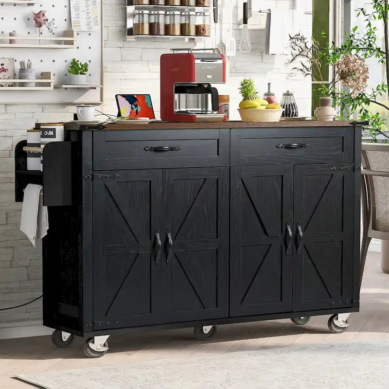 53.5-Inch Farmhouse Rolling Kitchen Island with Drop Leaf and Power Outlets