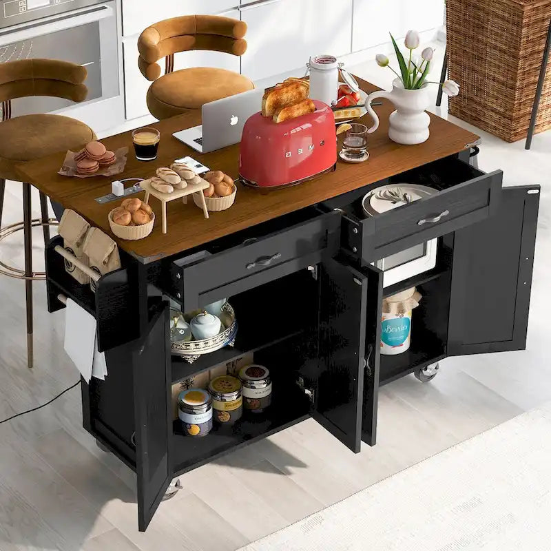 53.5-Inch Farmhouse Rolling Kitchen Island with Drop Leaf and Power Outlets