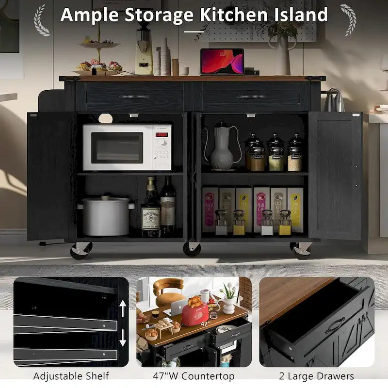 53.5-Inch Farmhouse Rolling Kitchen Island with Drop Leaf and Power Outlets