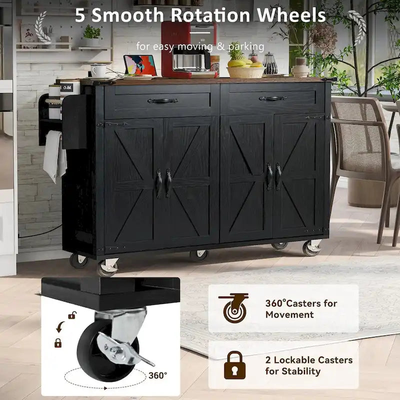 53.5-Inch Farmhouse Rolling Kitchen Island with Drop Leaf and Power Outlets