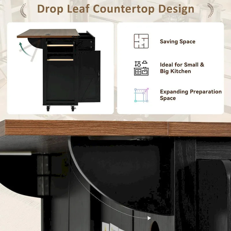 53.5-Inch Farmhouse Rolling Kitchen Island with Drop Leaf and Power Outlets