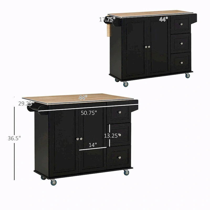 Rolling Kitchen Island with Drop-Leaf Top and Storage