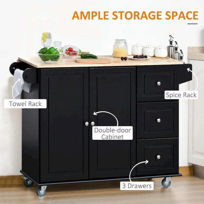 Rolling Kitchen Island with Drop-Leaf Top and Storage