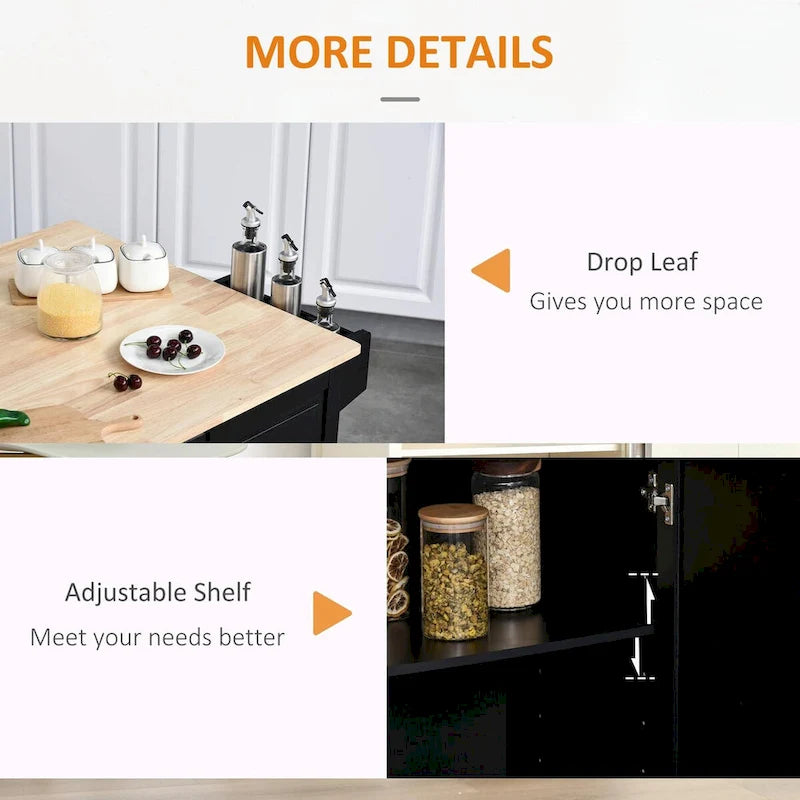 Rolling Kitchen Island with Drop-Leaf Top and Storage
