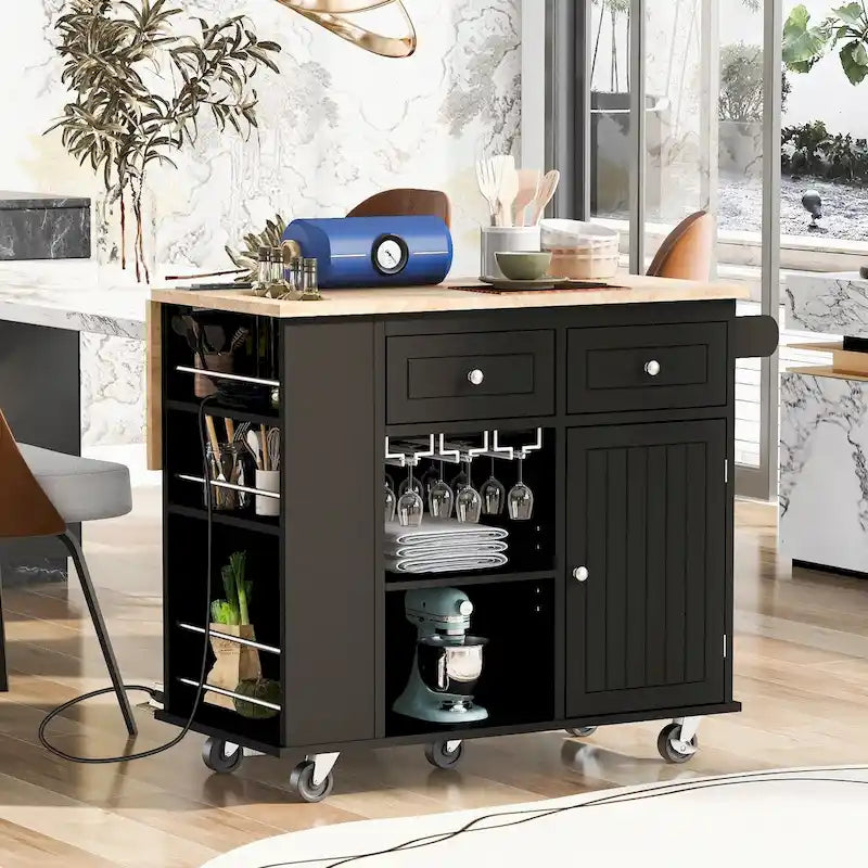 Kitchen Island Cart with Power Outlet, Drop Leaf and Wine Rack - 40 x 34 in.