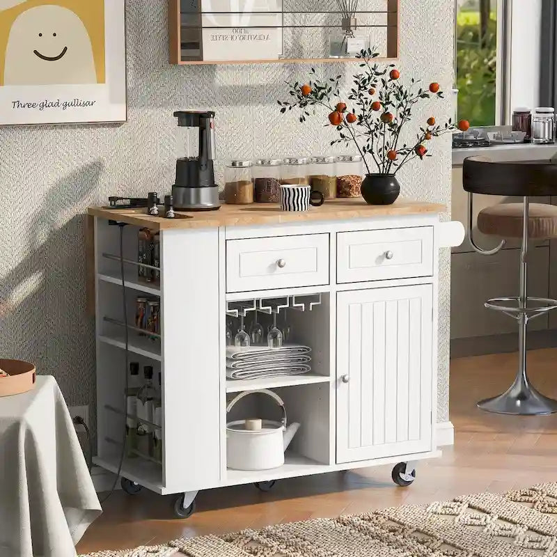 Kitchen Island Cart with Power Outlet, Drop Leaf and Wine Rack - 40 x 34 in.