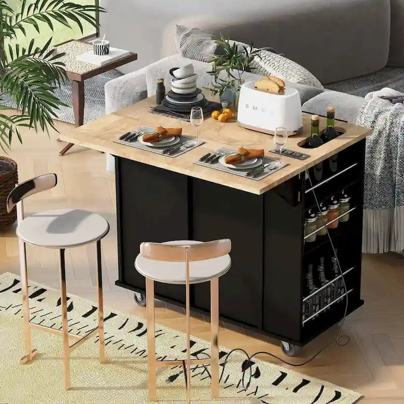Kitchen Island Cart with Power Outlet, Drop Leaf and Wine Rack - 40 x 34 in.