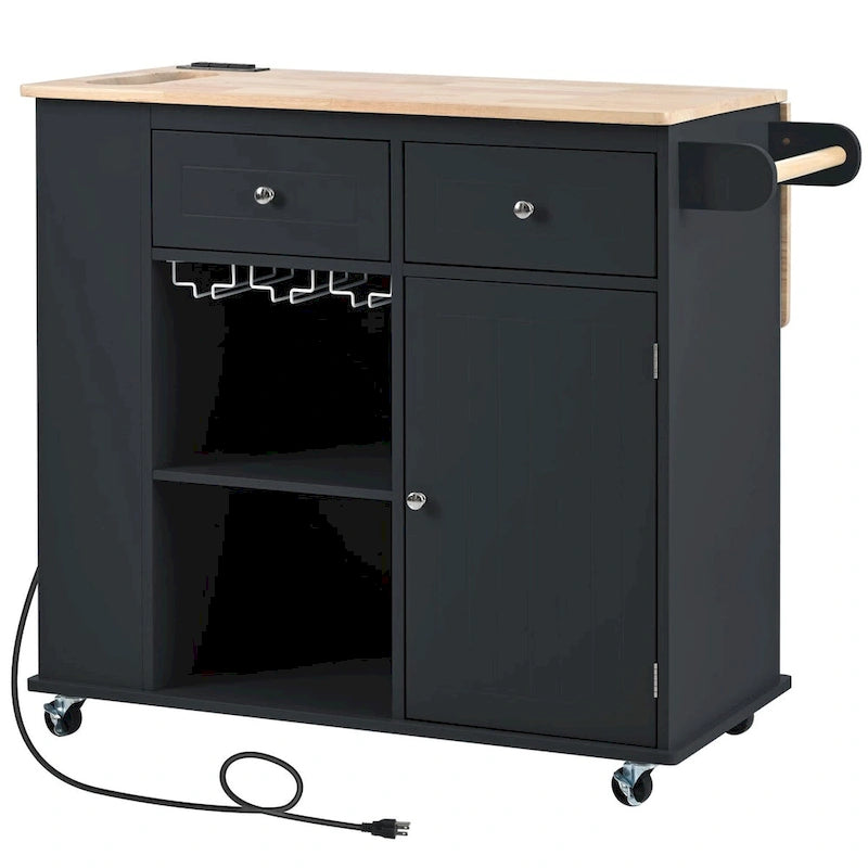 Kitchen Island Cart with Power Outlet, Drop Leaf and Wine Rack - 40 x 34 in.