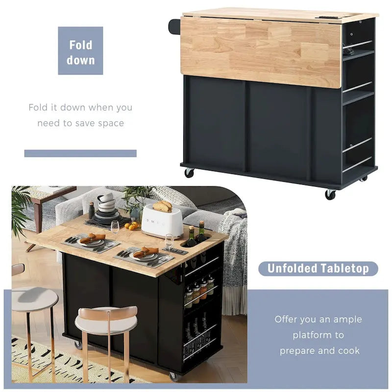 Kitchen Island Cart with Power Outlet, Drop Leaf and Wine Rack - 40 x 34 in.