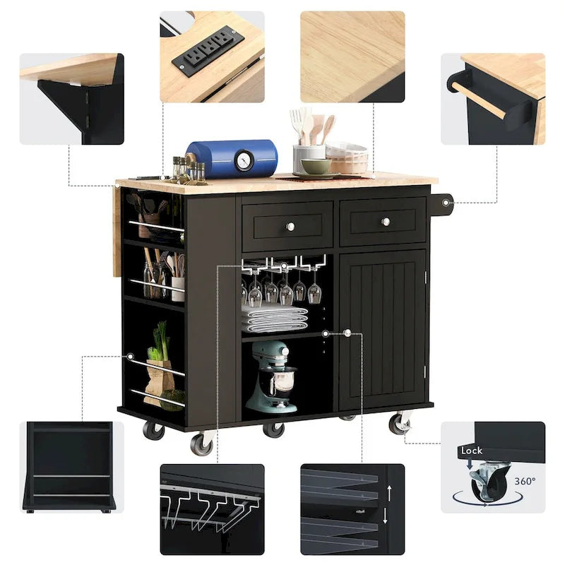 Kitchen Island Cart with Power Outlet, Drop Leaf and Wine Rack - 40 x 34 in.