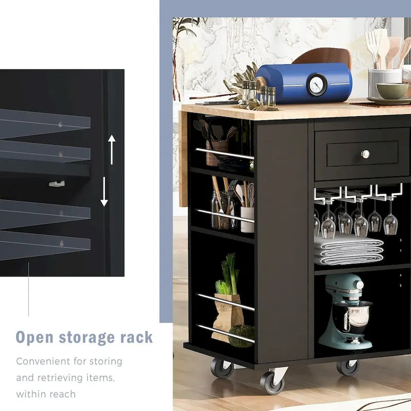 Kitchen Island Cart with Power Outlet, Drop Leaf and Wine Rack - 40 x 34 in.