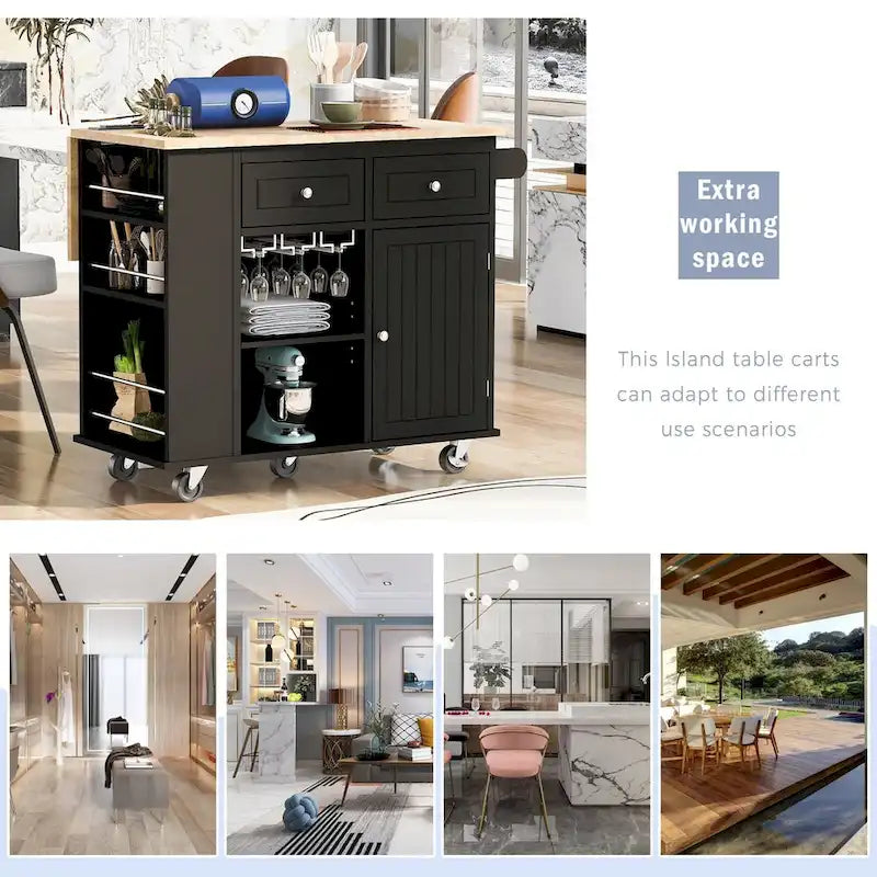 Kitchen Island Cart with Power Outlet, Drop Leaf and Wine Rack - 40 x 34 in.