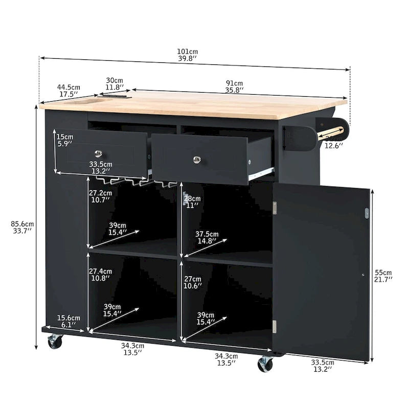 Kitchen Island Cart with Power Outlet, Drop Leaf and Wine Rack - 40 x 34 in.