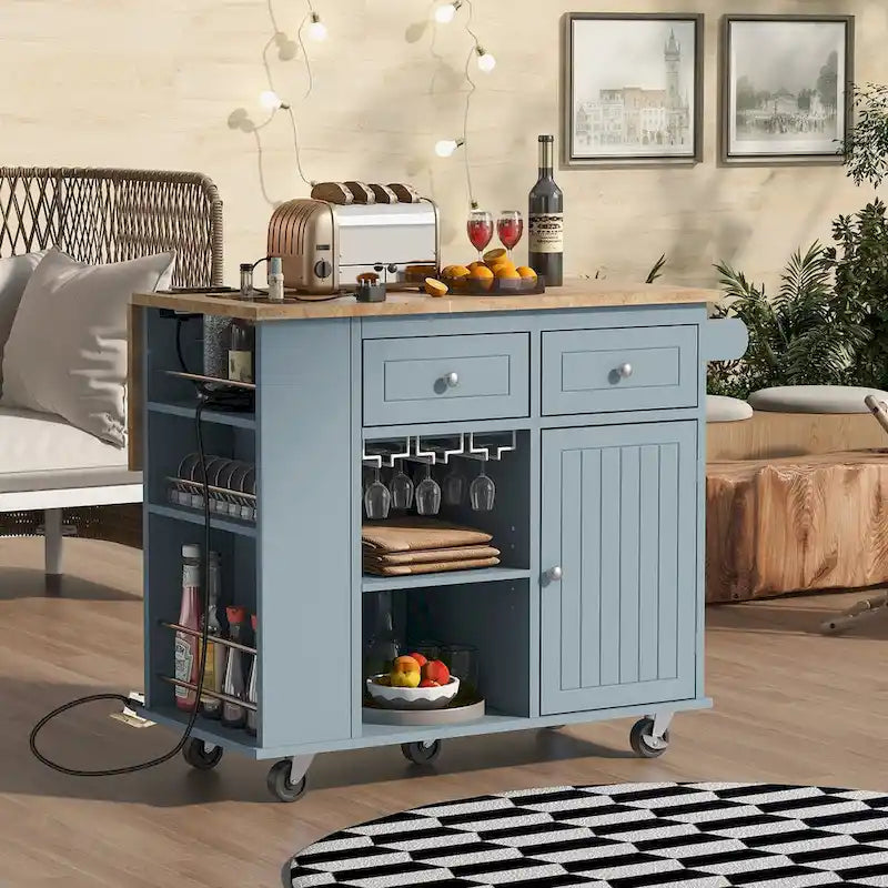 Kitchen Island Cart with Power Outlet, Drop Leaf and Wine Rack - 40 x 34 in.