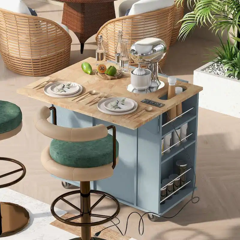 Kitchen Island Cart with Power Outlet, Drop Leaf and Wine Rack - 40 x 34 in.