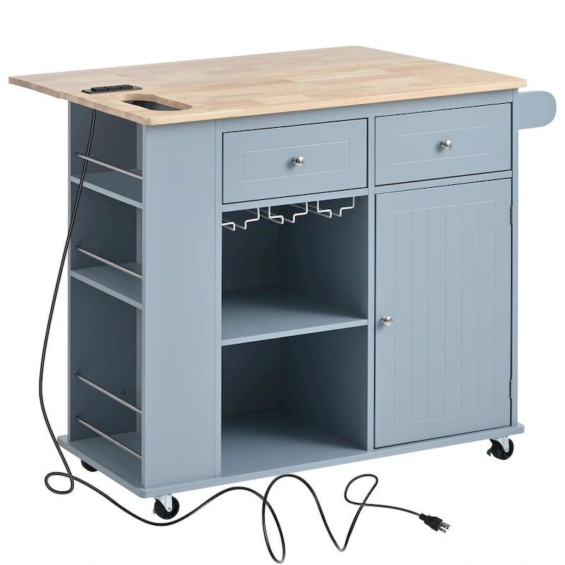 Kitchen Island Cart with Power Outlet, Drop Leaf and Wine Rack - 40 x 34 in.
