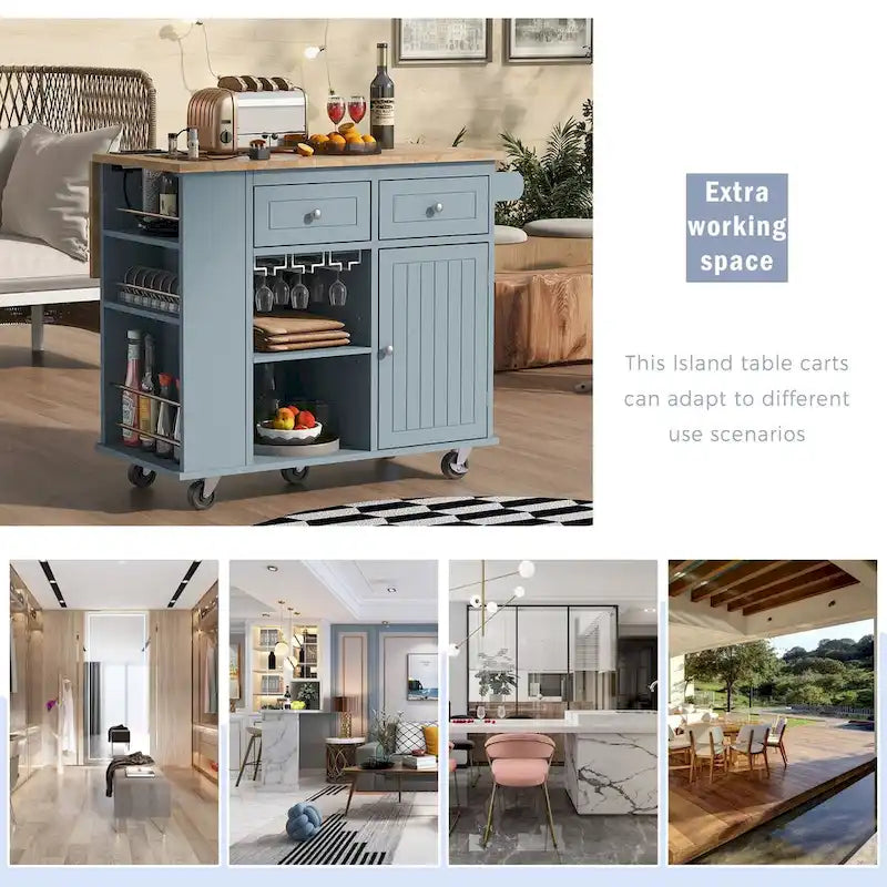 Kitchen Island Cart with Power Outlet, Drop Leaf and Wine Rack - 40 x 34 in.