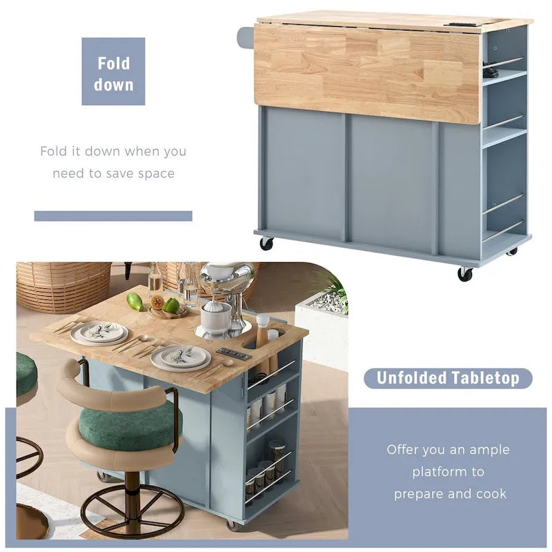 Kitchen Island Cart with Power Outlet, Drop Leaf and Wine Rack - 40 x 34 in.
