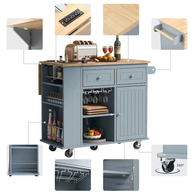 Kitchen Island Cart with Power Outlet, Drop Leaf and Wine Rack - 40 x 34 in.