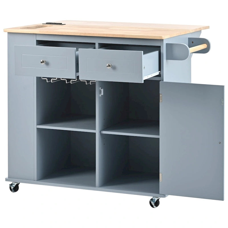 Kitchen Island Cart with Power Outlet, Drop Leaf and Wine Rack - 40 x 34 in.