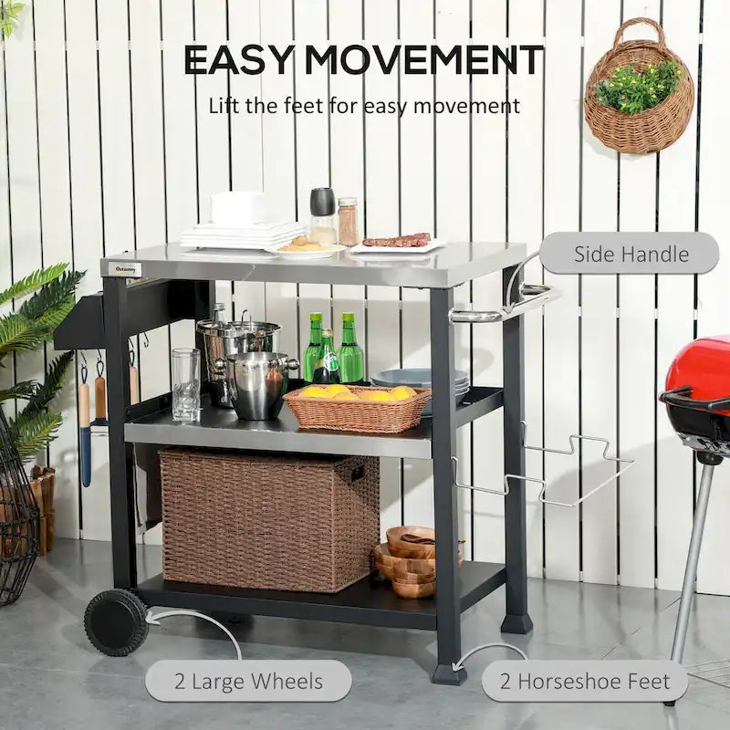 Outdoor Grill Cart with Stainless Steel Prep Table and Storage