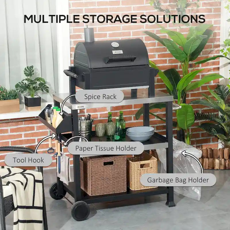 Outdoor Grill Cart with Stainless Steel Prep Table and Storage