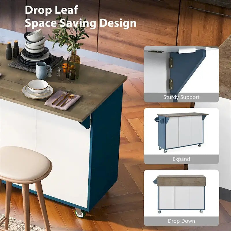 Rustic Kitchen Island with Drop Leaf and Storage Racks