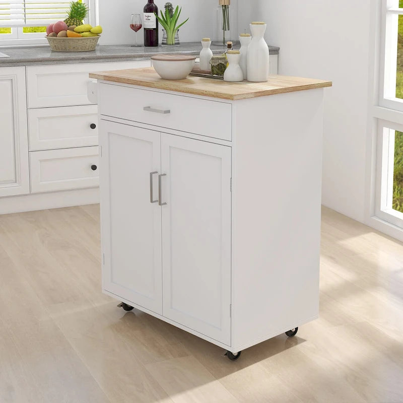 White Rolling Kitchen Island with Wood Top, Storage Cabinet and Towel Rack