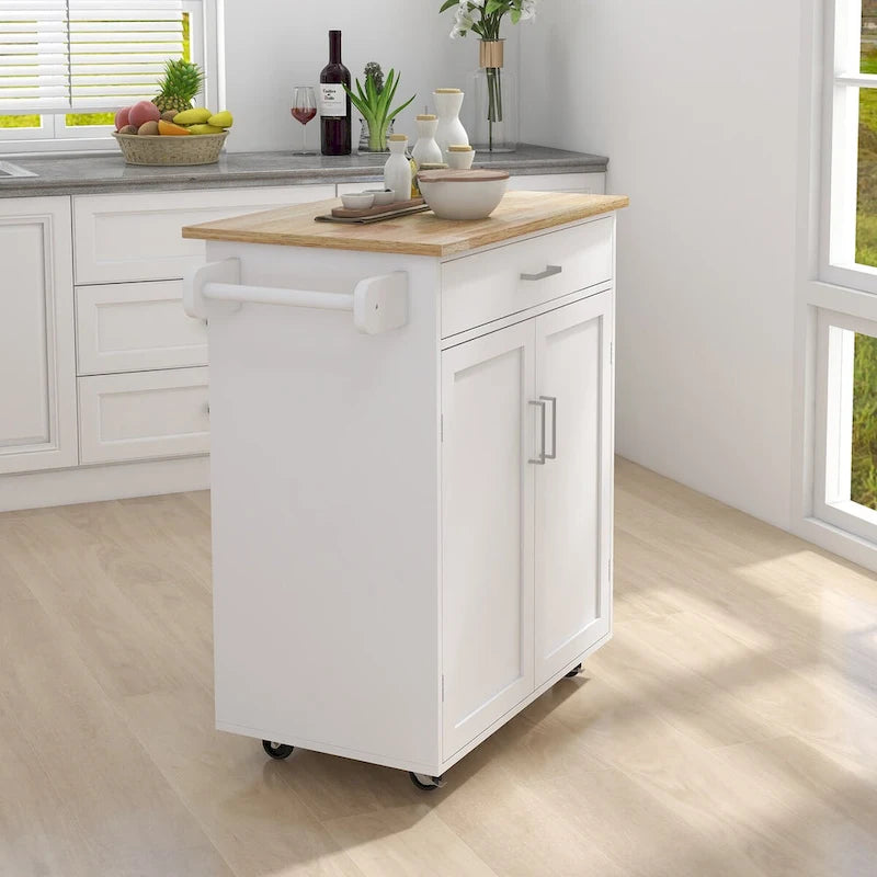 White Rolling Kitchen Island with Wood Top, Storage Cabinet and Towel Rack