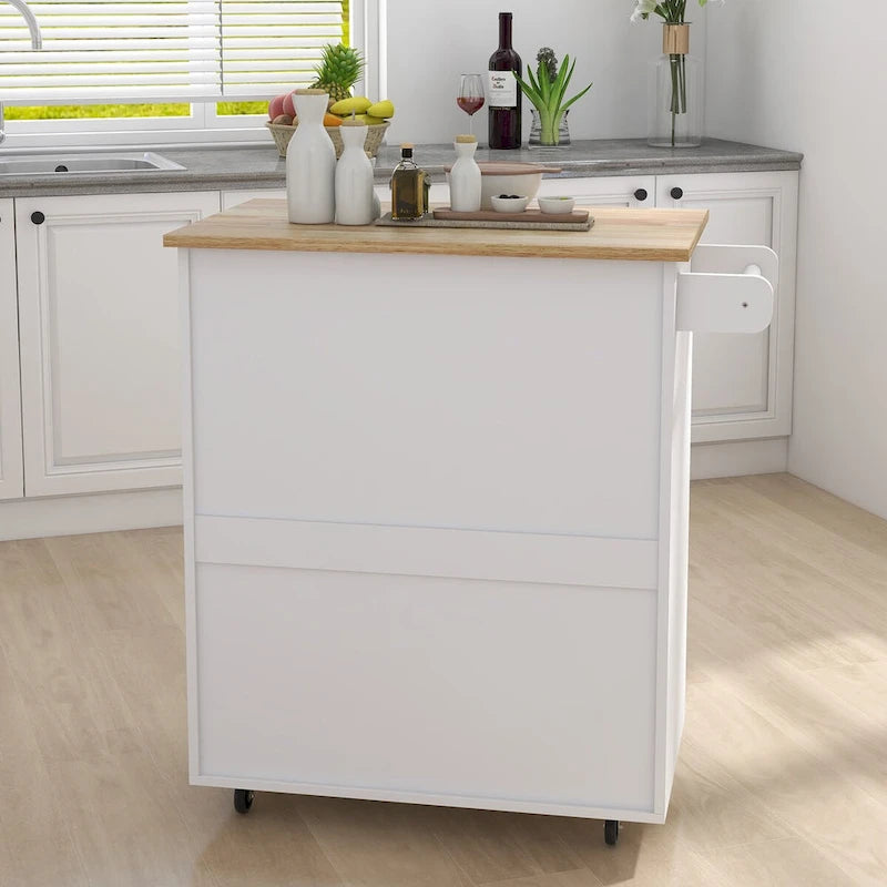 White Rolling Kitchen Island with Wood Top, Storage Cabinet and Towel Rack