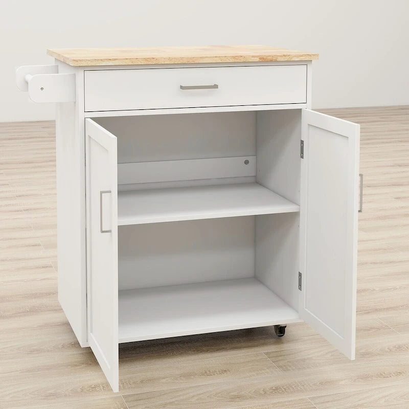 White Rolling Kitchen Island with Wood Top, Storage Cabinet and Towel Rack