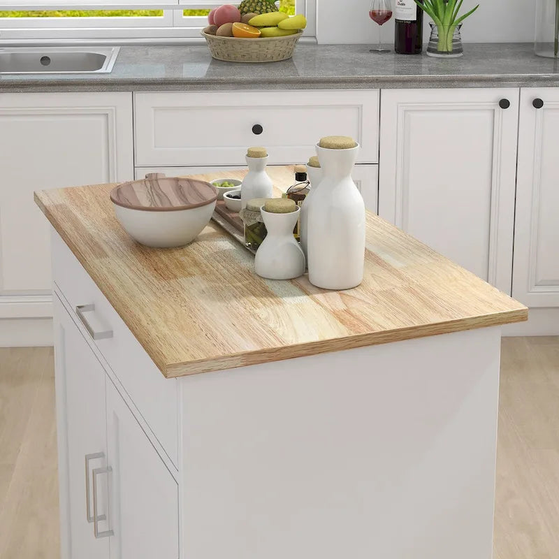 White Rolling Kitchen Island with Wood Top, Storage Cabinet and Towel Rack