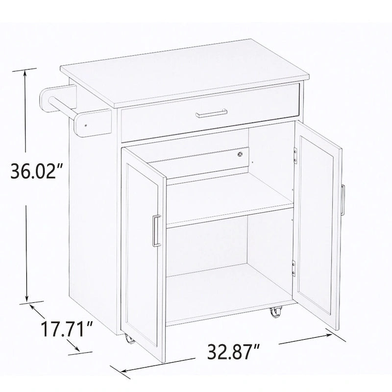 White Rolling Kitchen Island with Wood Top, Storage Cabinet and Towel Rack