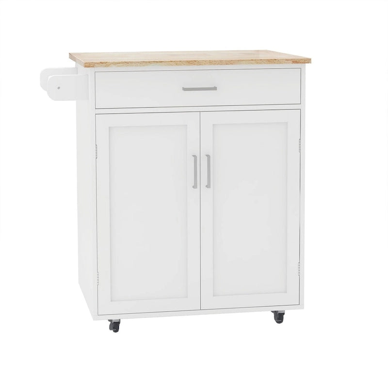 White Rolling Kitchen Island with Wood Top, Storage Cabinet and Towel Rack