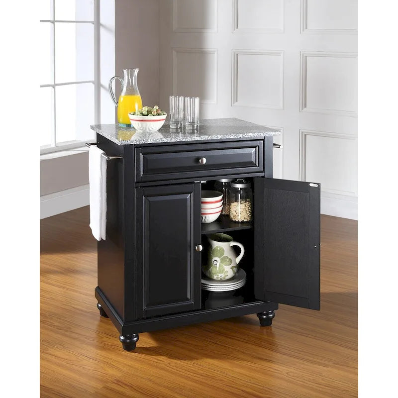 Solid Granite Top Portable Kitchen Island in Black Satin Finish