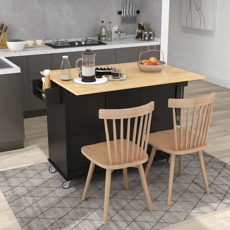 52.76-Inch Rolling Kitchen Island with Solid Wood Top and Drop Leaf