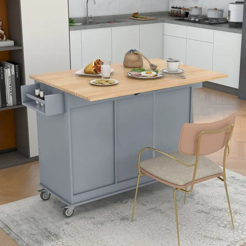 52.76-Inch Rolling Kitchen Island with Solid Wood Top and Drop Leaf