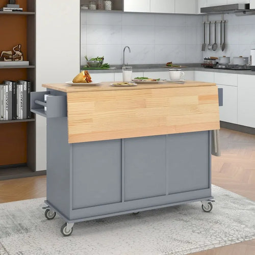 52.76-Inch Rolling Kitchen Island with Solid Wood Top and Drop Leaf