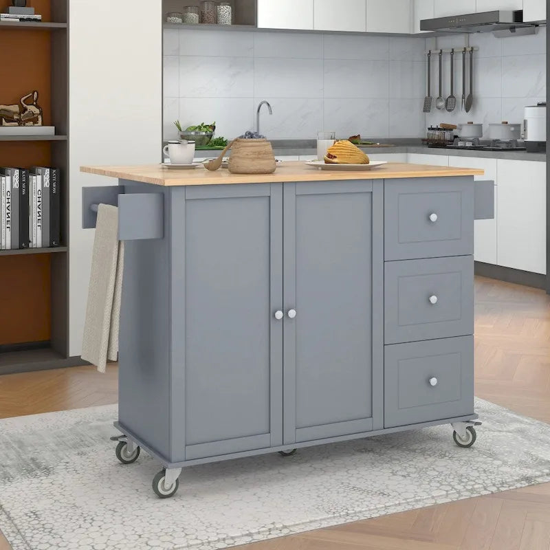 52.76-Inch Rolling Kitchen Island with Solid Wood Top and Drop Leaf