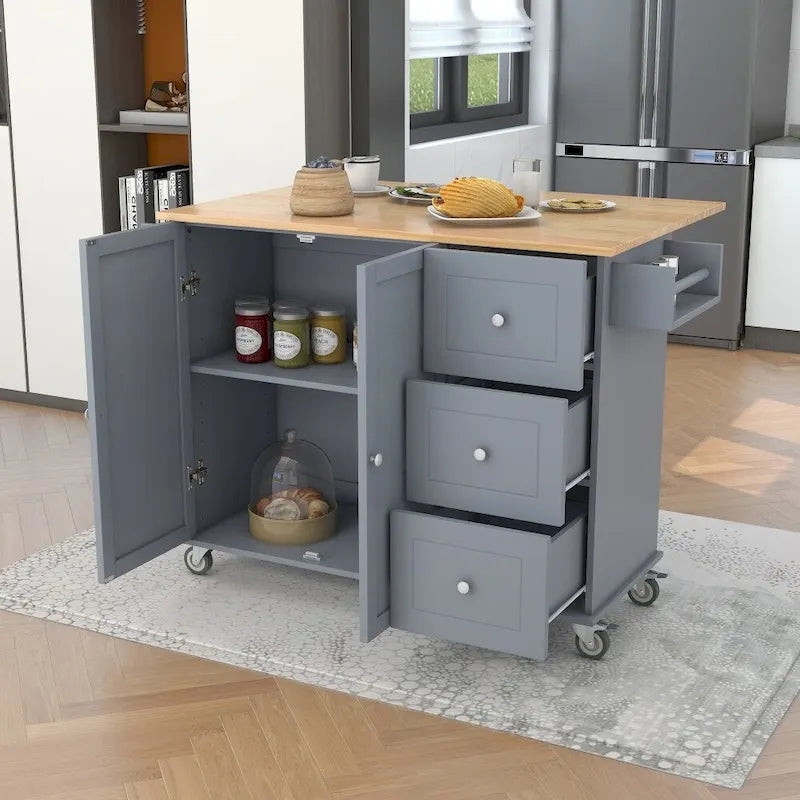 52.76-Inch Rolling Kitchen Island with Solid Wood Top and Drop Leaf