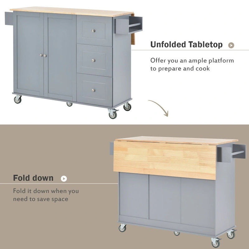 52.76-Inch Rolling Kitchen Island with Solid Wood Top and Drop Leaf