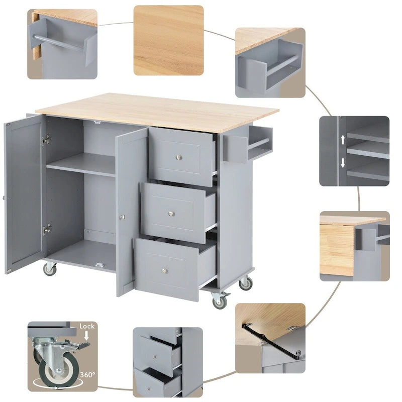 52.76-Inch Rolling Kitchen Island with Solid Wood Top and Drop Leaf