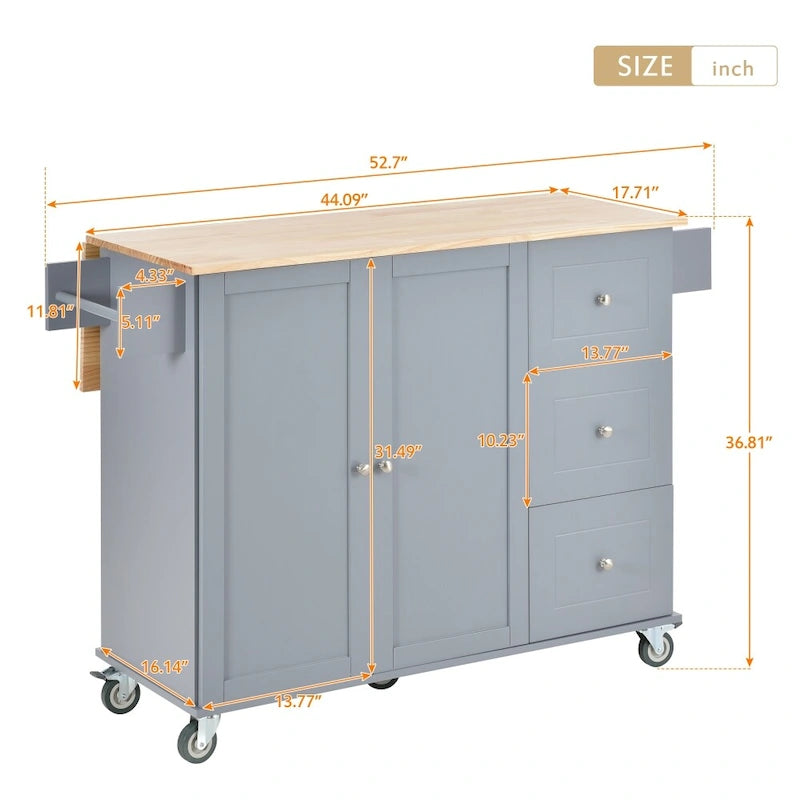 52.76-Inch Rolling Kitchen Island with Solid Wood Top and Drop Leaf