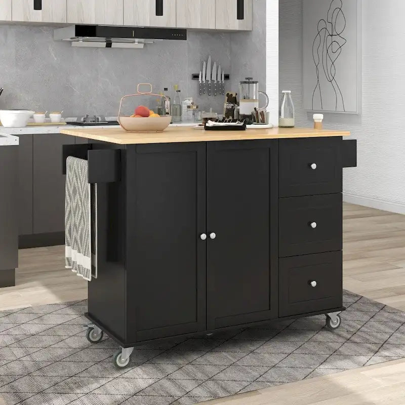 52.76-Inch Rolling Kitchen Island with Solid Wood Top and Drop Leaf