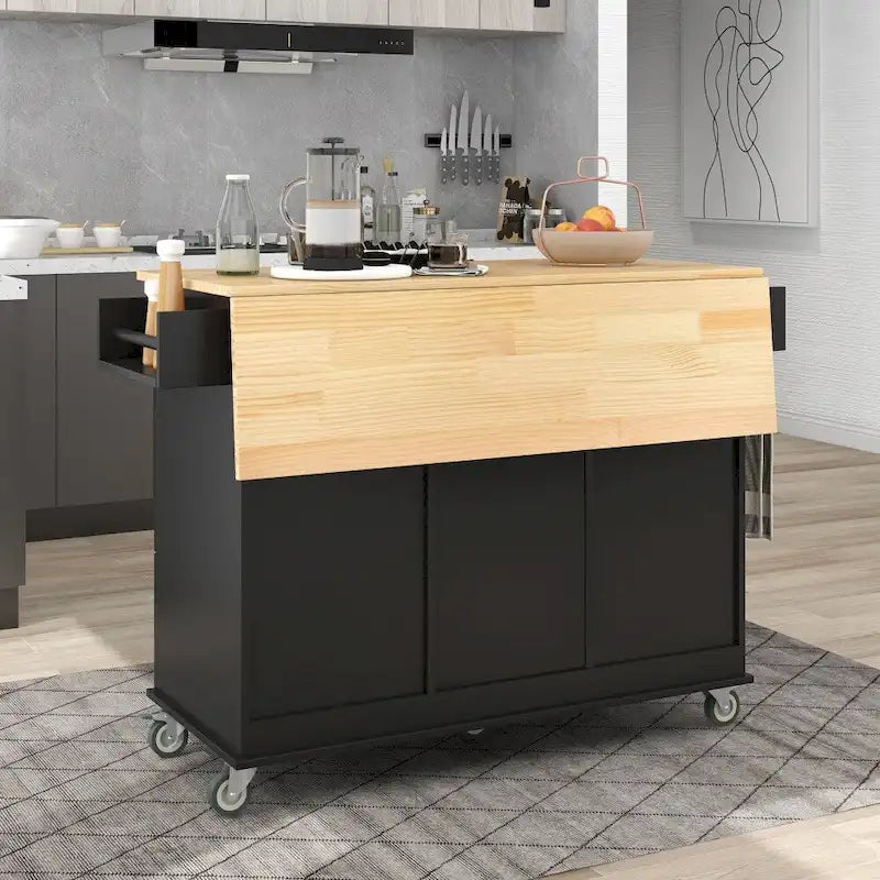 52.76-Inch Rolling Kitchen Island with Solid Wood Top and Drop Leaf